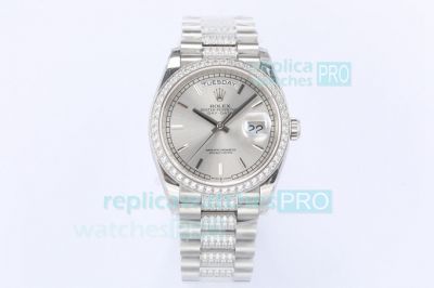 EW Replica Rolex Day-Date 36 Watch SS Silver Dial Diamond-set President Bracelet